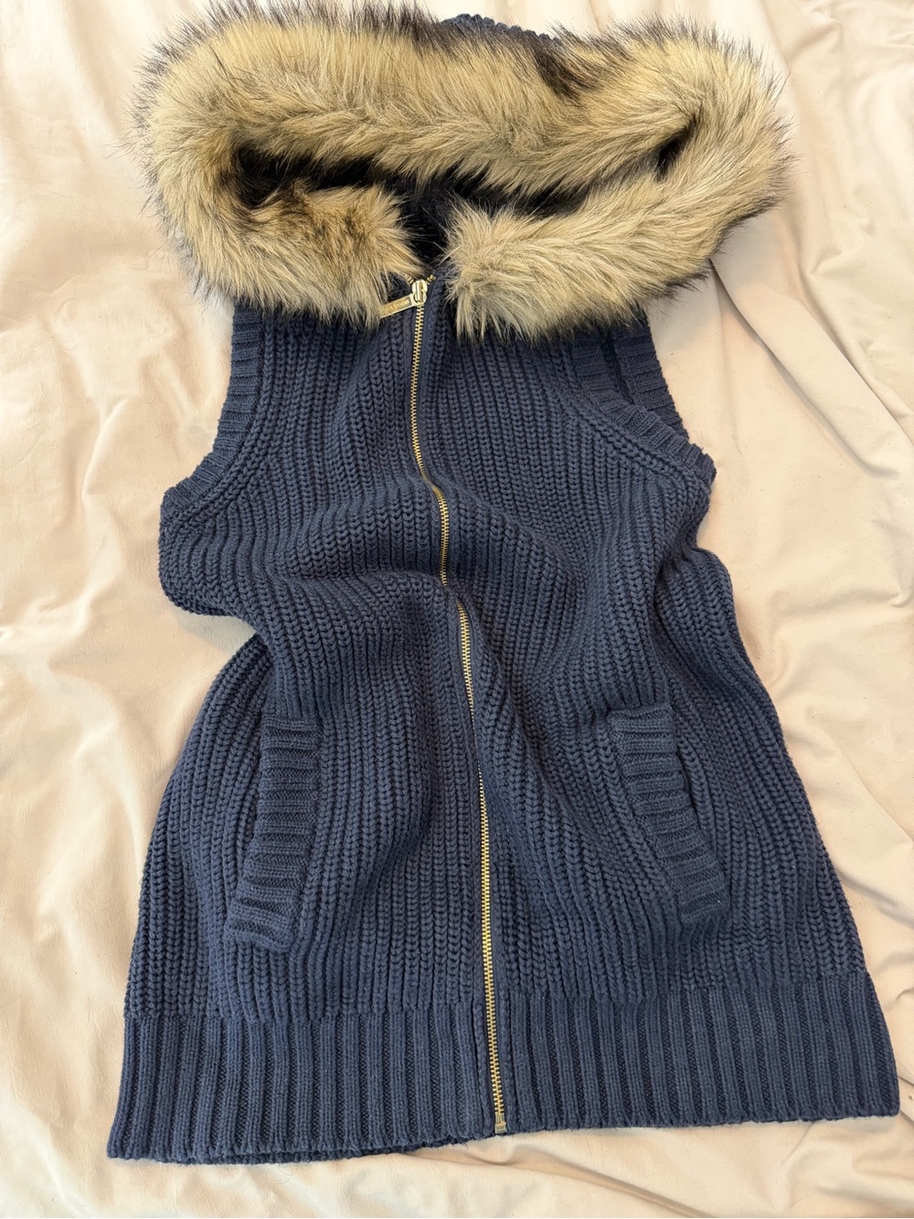 Michael Kors Navy Knit Zip Vest with Faux Fur Hood